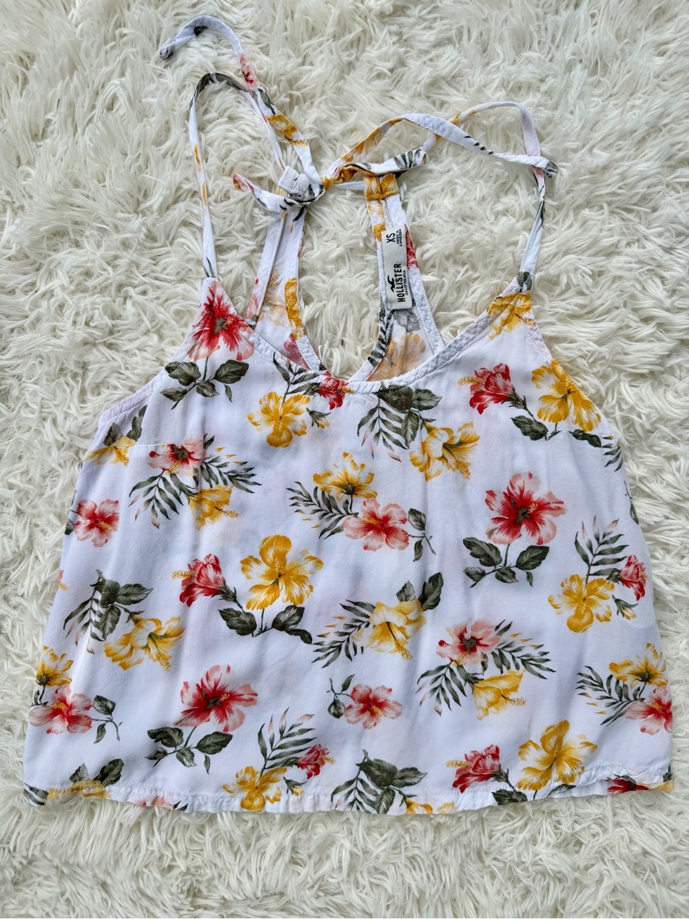 Hollister White Floral Tie-Back Cami with Yellow & Pink Blooms